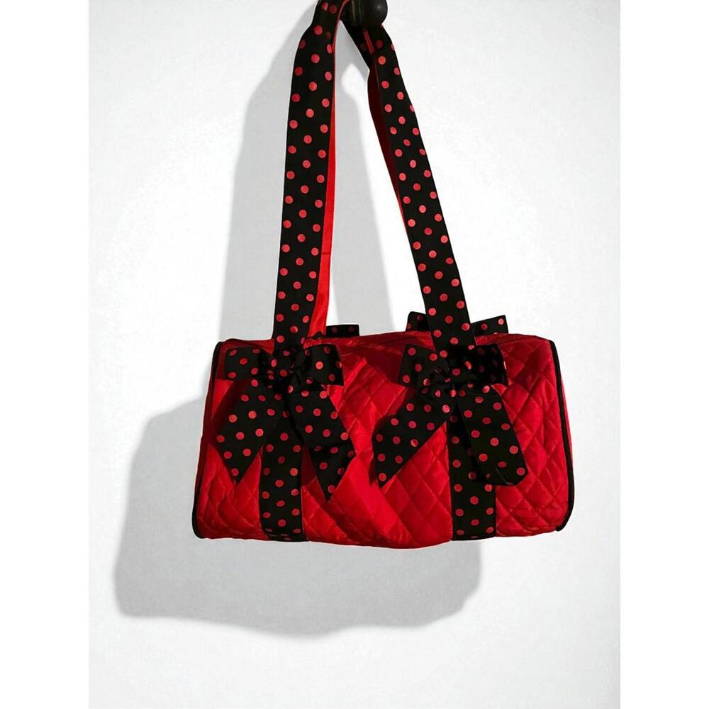 Belvah Quilted Duffle Purse Gym Bag Red Polka Dot Bows Zip Pocket